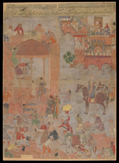 Anushirvan položí základy Ctesiphonu v příznivou hodinu, Manuscript folio, c.1560-1565 (neprůhledný akvarel, inkoust a zlato na látce, upevněno na kartonu) od Mughal School