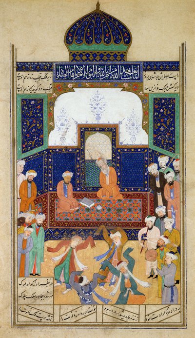 Derviši tančí na hudbu před svým Shaikem a učedníkem, z Khamsah prince Khusrau, Matla al-Anvar, 1485 (890 Hijra) od Mughal School