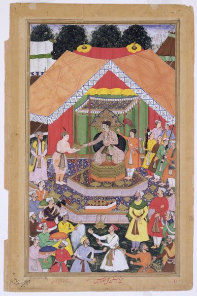 Císař Akbar (r.1556-1605) pohoštěný svým nevlastním bratrem Azim Chánem v Dipalpur, Paňdžáb, 1571, z Akbarnamy vyrobené Abul Fazi, 1590-98 (neprůhledné wc a zlato na papíře) od Mughal School