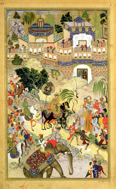 Triumfální vstup císaře Akbarse do Suratu, z Akbarnamy vytvořený Abulem Fazi (1515-1602) 1590-98 (neprůhledné wc a zlato na papíře) od Mughal School