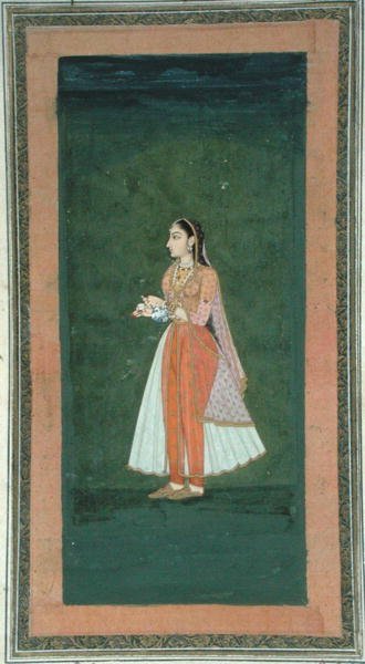 Dáma držící láhev na víno a pohár z malého alba Clive (neprůhledný akvarel na papíře) od Mughal School