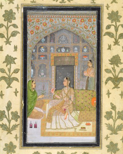 Dáma sedící v pavilonu s obsluhou, z Small Clive Album (neprůhledné wc na papíře) od Mughal School