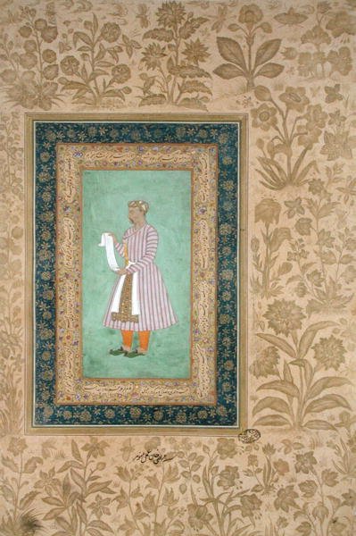 Portrét Murtazy Chána držícího svitek, kolem roku 1610 (kvaš na pergamenu) od Mughal School