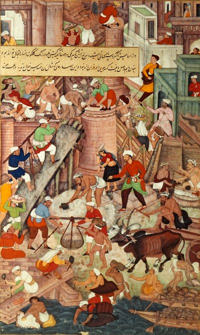 Červená pevnost v Agře během výstavby, z "Akbarnama", Mughalové od Mughal School