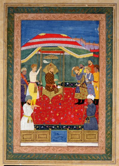 Mughalský císař Babur (1526-30) sedící na trůnu a přijímá prince, Johnson Album I, č. 3 s číslem 65 od Mughal School