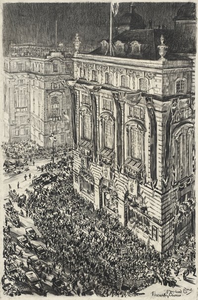 Piccadilly Circus, předvečer korunovace Jiřího VI. od Muirhead Bone