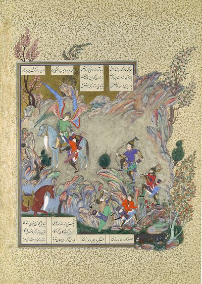 The Angel Surush zachraňuje Khusrau Parviz ze slepé uličky, Folio 708v z..., ca. 1530-35. od Muzaffar 