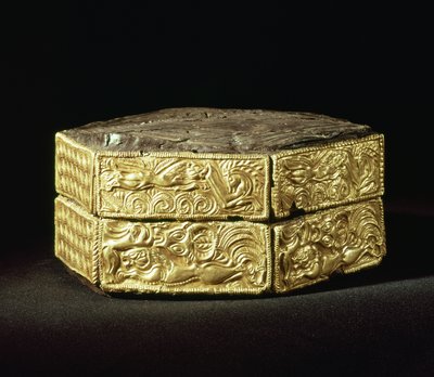Šestihranná pyxis zdobená zvířaty, z hrobu V, kruh hrobu A, Mykény (dřevo a zlato) od Mycenaean