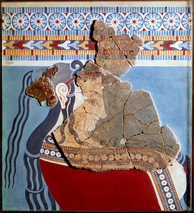 Mykénské umění: ženské poprsí. Fragment fresky z paláce Tiryns a rekonstrukce od Mycenaean