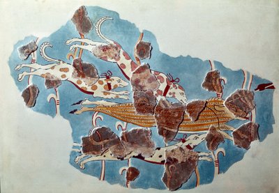 Mykénské umění: lovecká scéna, psi honí divočáky. Fragment fresky z paláce Tiryns a rekonstrukce od Mycenaean