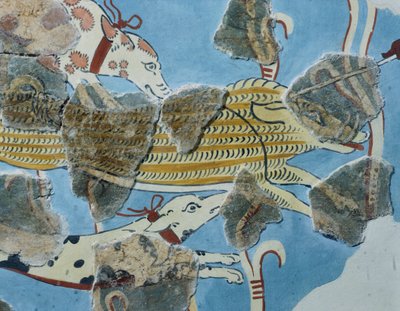 Freska z paláce Tirinto (Řecko). Detail: skupina psů útočících na divočáka. Mykénská civilizace od Mycenean