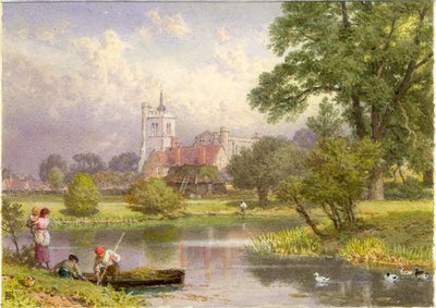 Elstow, Bedfordshire (rodiště Johna Bunyana) (bc a wc na kartě) od Myles Birket Foster