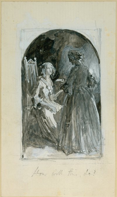 "Emma přebírá z tvrdé ruky Madelaine poleno" (čb, tužka a čb na papíře) od Myles Birket Foster
