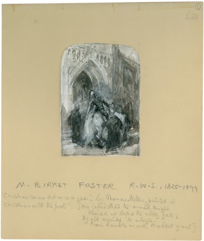 „Jeho unavený oř, ozbrojený rytíř, se zastavil před bránou opatství“ (bc, tužka a wc na papíře) od Myles Birket Foster