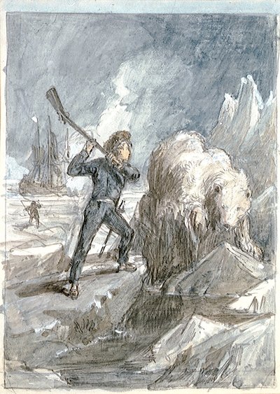 Nelson potkává medvěda, asi 1854 (šedá barva, zvýrazněná bílou, akvarel, grafit) od Myles Birket Foster