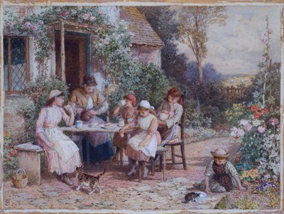 Čas na čaj (tužka a akvarel zvýrazněné bílou na kartě) od Myles Birket Foster
