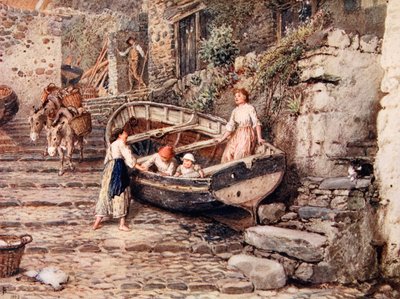 Pohled na Clovelly, s uvízlým člunem a postavami, 1882 od Myles Birket Foster