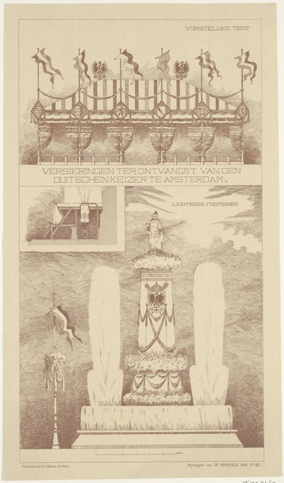 Dekorace během návštěvy německého císaře v Amsterdamu, 1891 Dekorace pro přijetí německého císaře v Amsterdamu (titul na předmětu) od NV Drukkerij G.J. Thieme