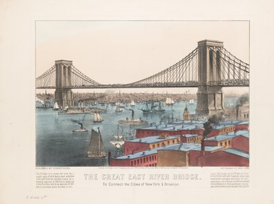 Velký most East River: spojuje města New York a Brooklyn, kolem roku 1872 od Nathaniel Currier