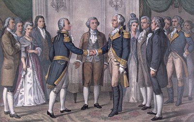 První setkání generála George Washingtona (1732-1799) a markýze de La Fayette (1757-1834) Philadelphia, 3. srpna 1777, zveřejněno v roce 1876 (barevně lito) od N. and Ives J.M. (after) Currier