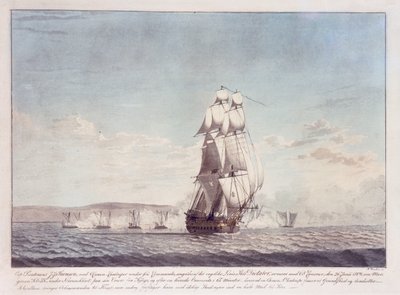 Loď "Diktátor" (1783) s 64 děly bojující s dánskými dělovými čluny, 26. června 1808, asi 1810 (kolorovaná litografie) od N. Truslew