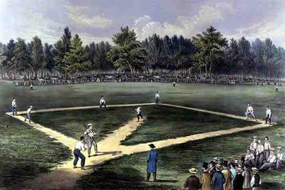 The American National Game of Baseball, Grand Match For The Championship at The Elysian Fields, Hoboken, NJ 1866 (barevné lito) od Currier and Ives