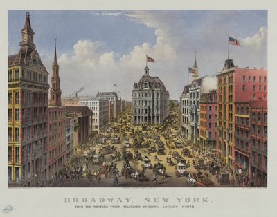 Broadway, New York z telegrafní budovy Western Union při pohledu na sever od Currier and Ives