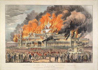 Vypálení New York Crystal Palace v úterý 5. října 1858 (barevná litografie)   Barevná litografie od Currier and Ives