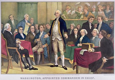 George Washington (1732-99) Jmenovaný vrchním velitelem, publikoval 1876 (barevné lito) od Currier and Ives