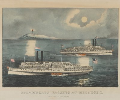 Parníky proplouvající o půlnoci na Long Island Sound od Currier and Ives