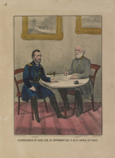 Kapitulace Genl. Lee ve společnosti Appomattox C.H. Va. 9. dubna. 1865 (barevná litografie) od Currier and Ives