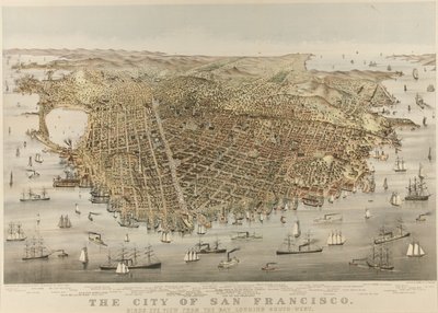 Město San Francisco – pohled z ptačí perspektivy ze zálivu na jihozápad od Currier and Ives