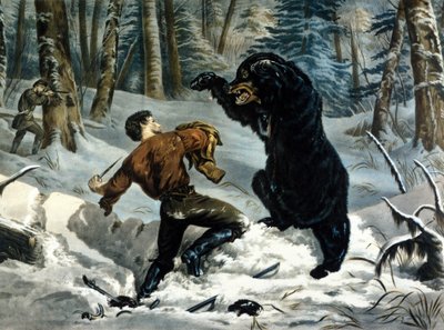 The Life of Trappers (Professional Hunters) v Kanadě: Lovec je napaden medvědem grizzlym. Ilustrace Yves a Currier. od Currier and Ives