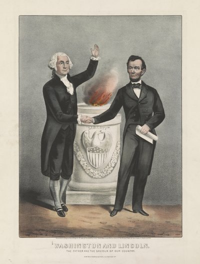 Washington a Lincoln. Otec a zachránce naší země, kolem 1865 (barevná litografie) od Currier and Ives