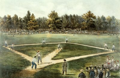 The American National Game of Baseball - Grand Match at Elysian Fields, Hoboken, NJ, 1866 (viz 32902) od N. and Ives, J.M. Currier