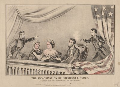 Atentát na prezidenta Lincolna ve Fords Theatre, Washington, 1865 (ručně kolorovaná litografie) od N. and Ives, J.M. Currier