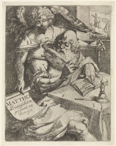 Matouš evangelista Matthei Evangelium se otevírá a argumentuje (název na předmětu) Titulní strana pro: S. van Til, Het euangelium des H. Apostles Matthæi (...) otevřeno krátkými poznámkami, 1687 od N. van Til
