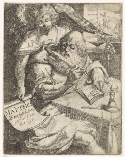 Matouš evangelista Matthei Evangelium se otevírá a argumentuje (název na předmětu) Titulní strana pro: S. van Til, Het euangelium des H. Apostles Matthæi (...) otevřeno krátkými poznámkami, 1687 od N. van Til
