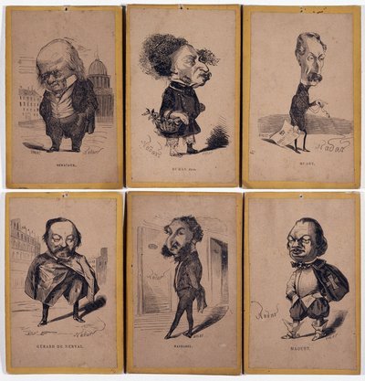 6 Charge Portraits: Pierre Jean de Beranger (1780-1857) francouzský skladatel, Alexandre Dumas fils (1824-1895), Louis Adrien Huart (1813-1865) francouzský novinář, spisovatel a divadelní režisér, Gerard de Nerval (1808-1855), Francouzský spisovatel Charle od Nadar