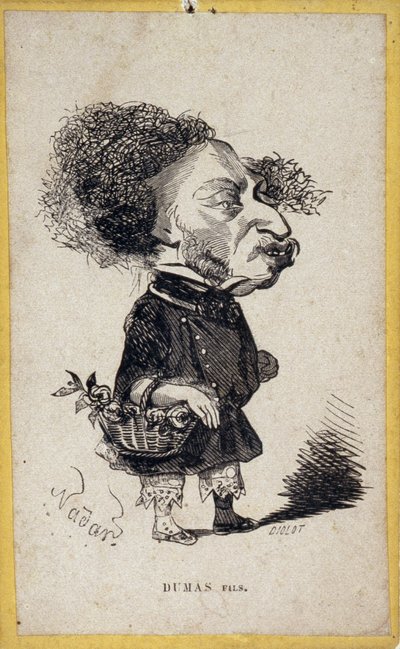 Portrétní náklad (portrét-náboj) Alexandre Dumas Jr. (1824-1895), francouzský spisovatel. Karikatura od Gasparda Felixe Tournachon dit Felix Nadar (1820-1910). od Nadar