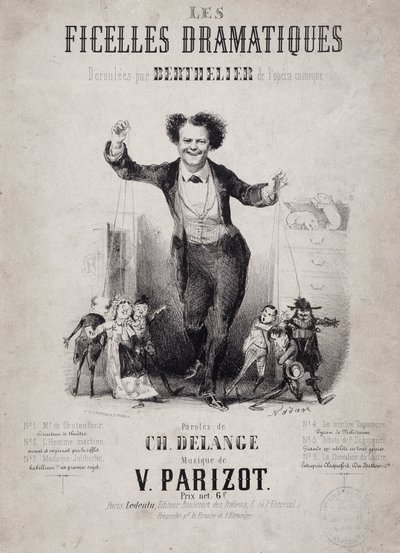 Portrét Jeana Bertheliera (1830-1888) držícího syny loutek. Album "Les Ficelles Dramatiques deroulees od Bertheliera de l
