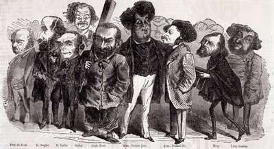 Portréty spisovatelů Paul de Kock (1793-1871), Emile Augier (1820-1889), Eugene Scribe (1791-1861), Felix Nadar, Alphonse Karr (1808-1890), Alexandre Dumas pere (1802-1870) a Alexandre Dumas Jr. (1824-1895), Joseph Mery (1798-1866) a Leon Gozan (1803-1 od Nadar