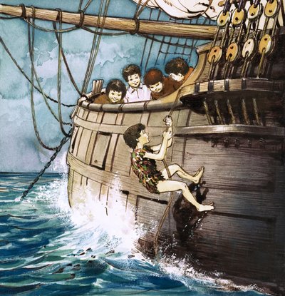 Peter Pan vystupuje na palubu, ilustrace z knihy "Peter Pan" od J. M. Barrieho (kvaš na papíře) od Nadir Quinto