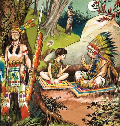 Peter Pan hovoří s náčelníkem, ilustrace z knihy "Peter Pan" od J. M. Barrieho (kvaš na papíře) od Nadir Quinto