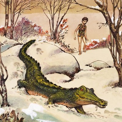 Petr jde za krokodýlem, ilustrace z knihy "Peter Pan" od J. M. Barrieho (kvaš na papíře) od Nadir Quinto