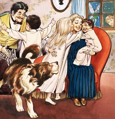 Rodina Darlingových, ilustrace z knihy "Peter Pan" od J. M. Barrieho (kvaš na papíře) od Nadir Quinto