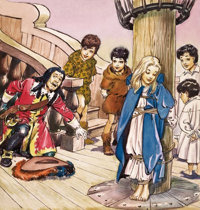 Wendy přivázaná ke stěžni, ilustrace z knihy "Peter Pan" od J. M. Barrieho (kvaš na papíře) od Nadir Quinto