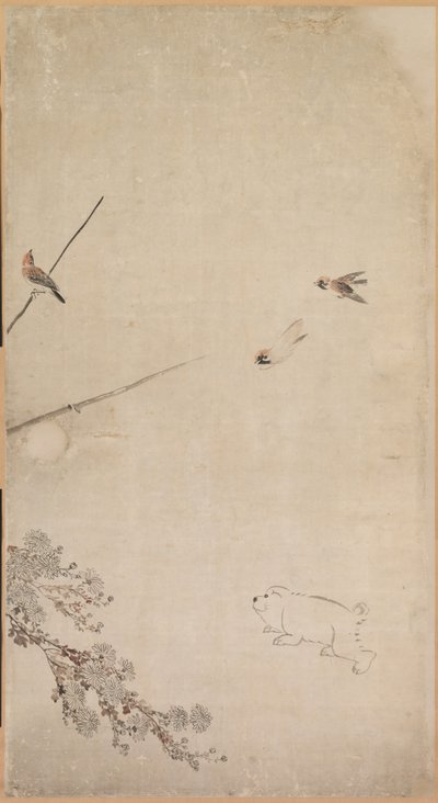 Štěňata, vrabci a chryzantémy, 1754-1799. od Nagasawa Rosetsu