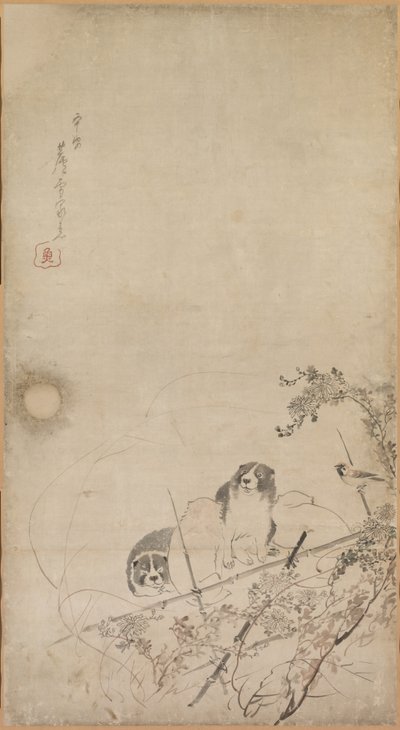 Štěňata, vrabci a chryzantémy, 1754-1799. od Nagasawa Rosetsu