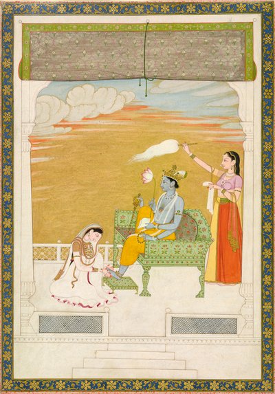 Lakshmi masíruje nohu Višnua, ca. 1765-1770. Tvůrci: Nainsukh, Manju. od Nainsukh Manju